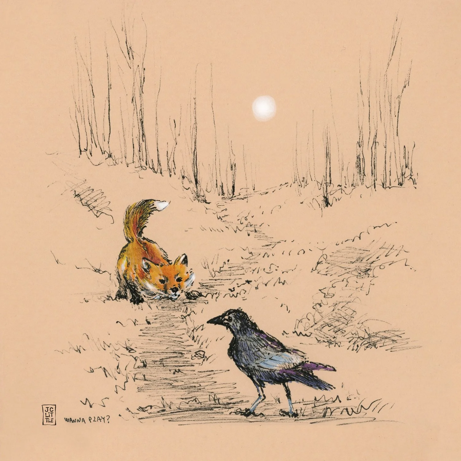 Wanna Play? Fox and Crow Limited Edition Print — artist JC Little